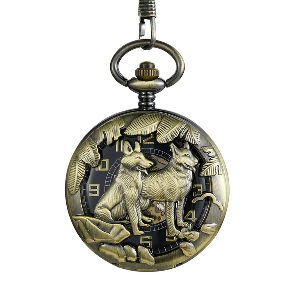 Retro Mechanical Pocket Wristwatch Steampunk Skeleton Hand-Wind Watch Wolf Hollow Mechanical Pocket Watch Deer Horse Fob Chain