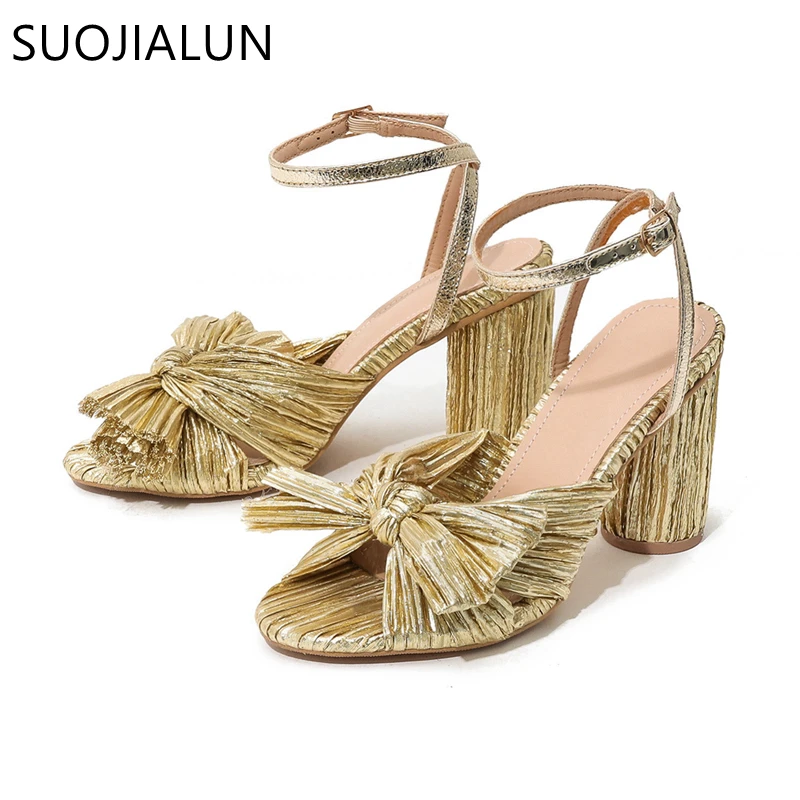 

SUOJIALUN New Brand Bow-knot Women Sandal Round High Heel Ankle Buckle Peep Toe Ladies Elegant Dress Pumps Shoes Big Size 43