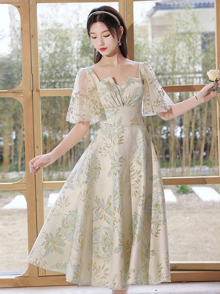

French Floral Print Bridesmaid Dress New Elegant Square Collar Tea-Length Formal Gown Sweet Mesh Sleeve A-Line Backless Vesido