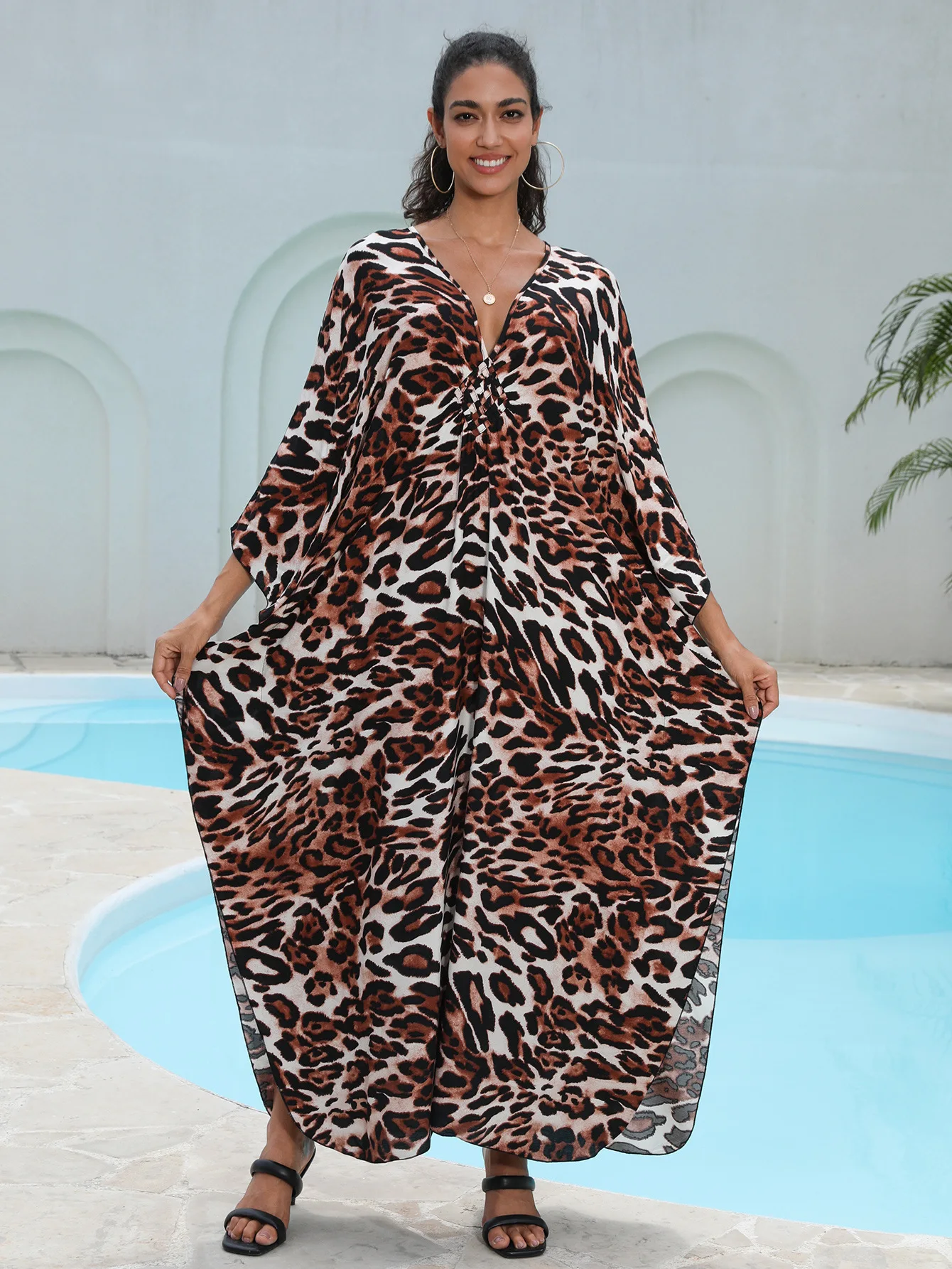 Kaftan Dresses for Women Coffee Leopard Maxi Beach Dresses V Neck Swimsuit Cover Ups Plus Size Moomoo Nightgowns Dropshipping 3