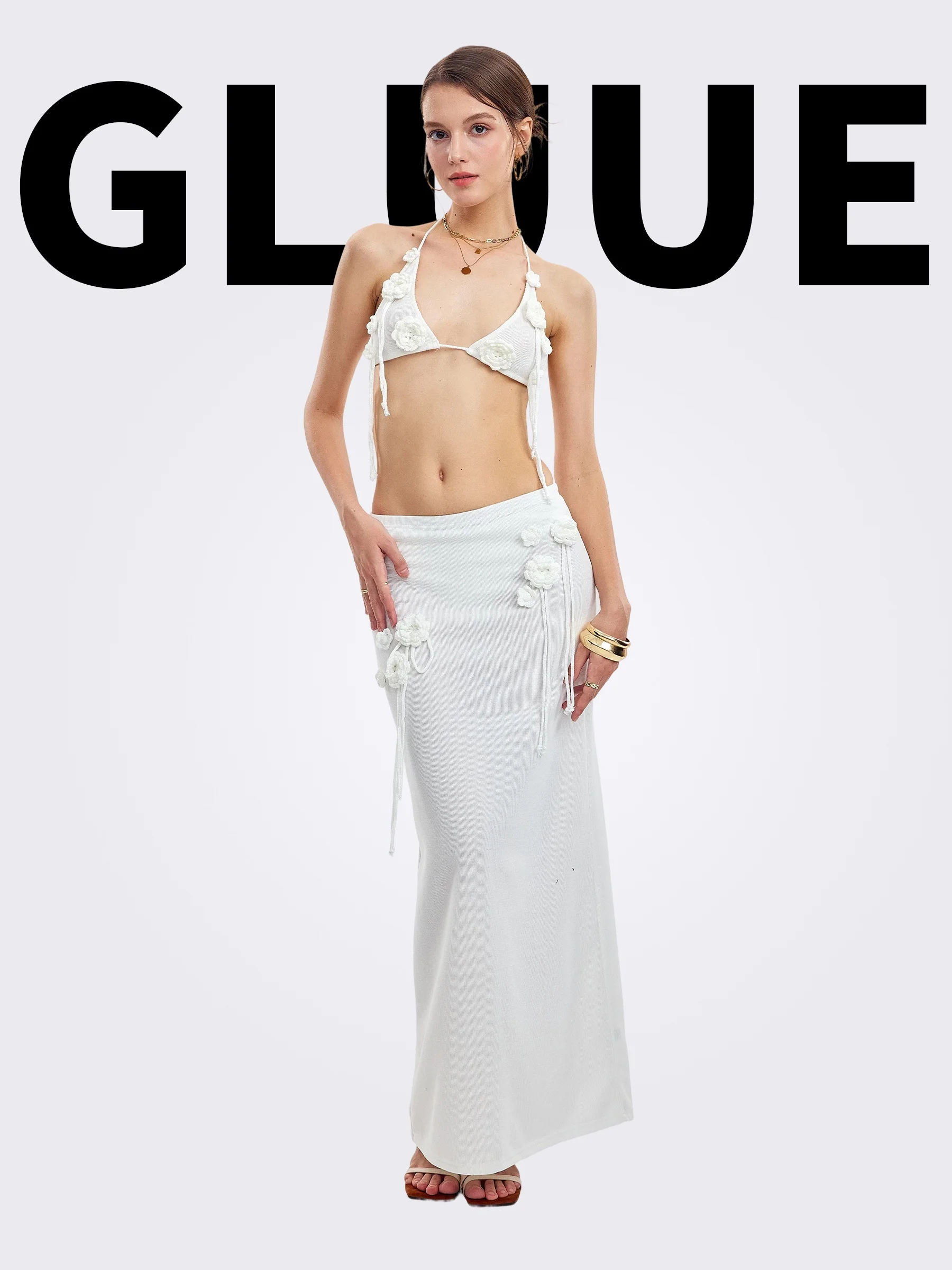 GLUUE 퓨어 컬러 꽃무늬 비키니 수영복 커버업 하프 스커트 투피스 세트 비치 휴가 온천 캐주얼 여성 수영복