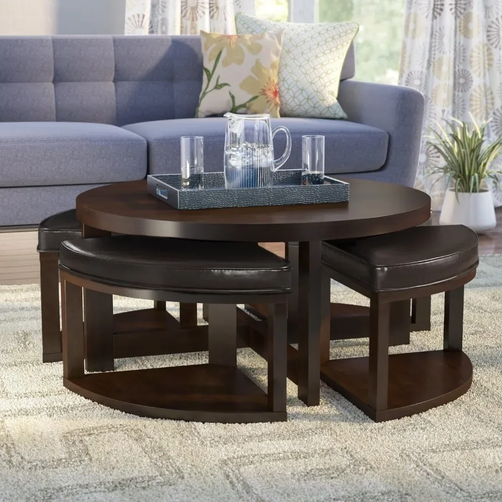 Coffee Table Set, Round Tables with 4 Upholstered Nesting Stools, Space-Saving Design, 5-Piece Coffee Table Set 5