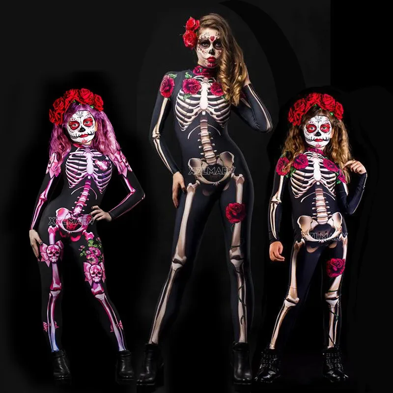 

Adult Sexy Women Scary Ghost Costume Rose Skeleton Halloween Sexy Devil Jumpsuit Kids Baby Girl Carnival Party Day of The Dead