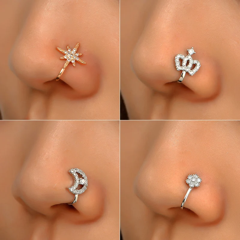 

Star Moon Nose Ring Fake Piercing Nose Ear Clip Cuff Zircon Copper Fake Nose Stud Body Jewelry For Girl Women Gift