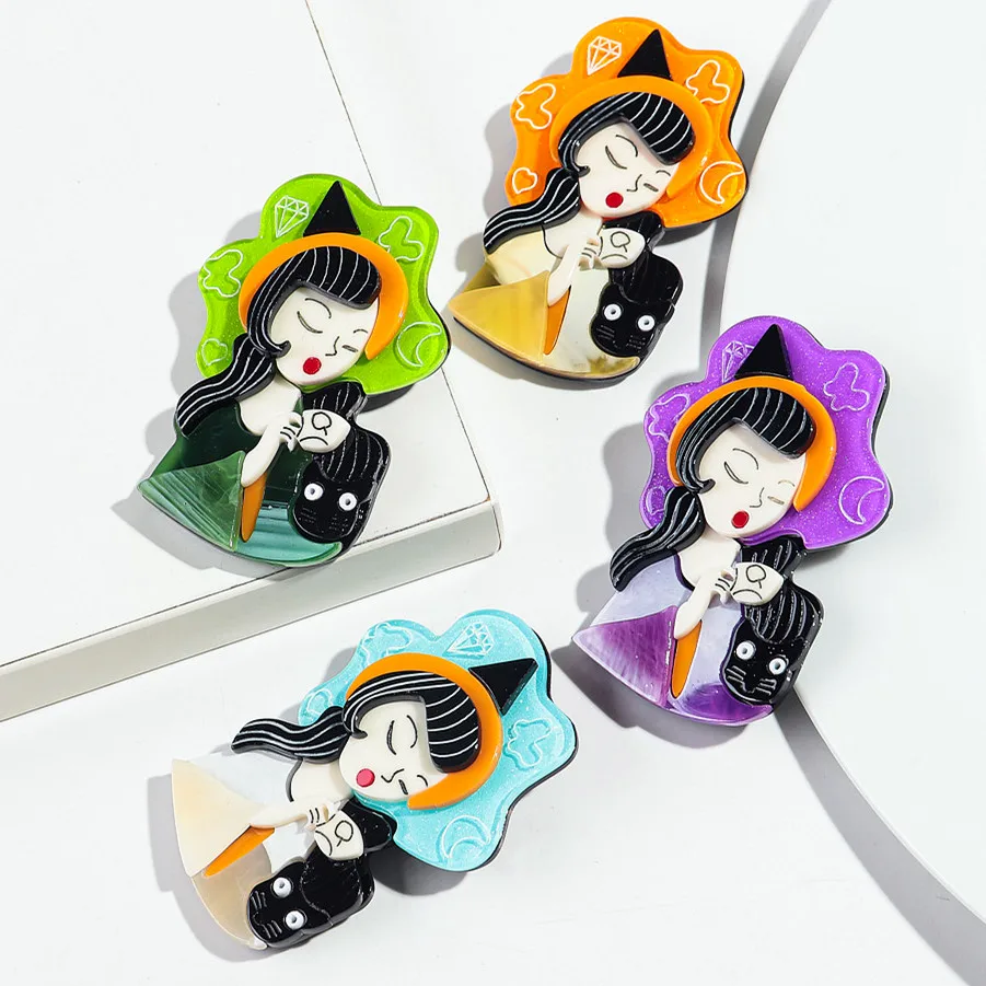 

New Cute Coffee Girl Cat Acrylic Brooches for Women Cartoon Hat Lady Figure Badges Pins Female Office Jewelry Accessories Gifts