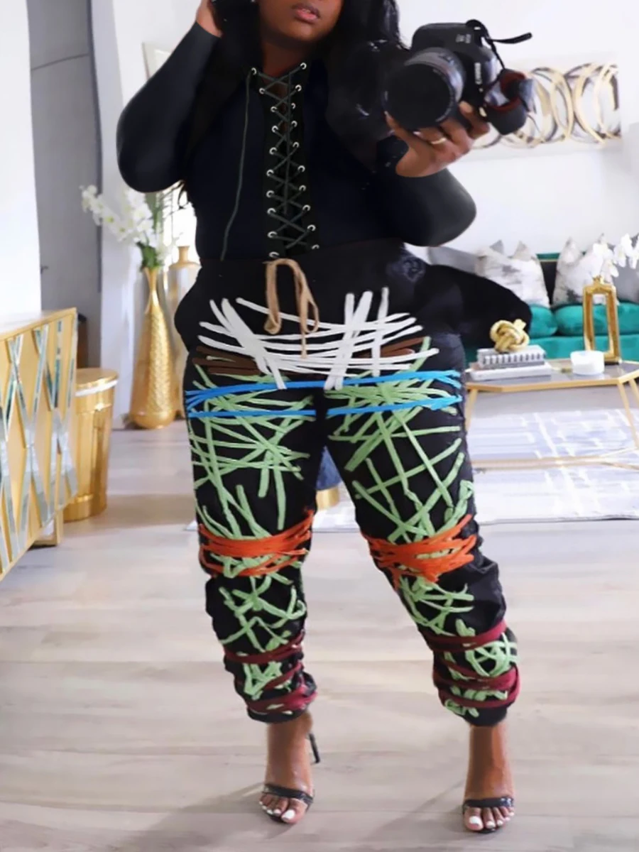 LW 플러스 사이즈 투피스 세트, 프린트 붕대 디자인 바지 세트, 여성용 운동복, 오버사이즈 세트, 여성용 맨투맨 운동복 세트 