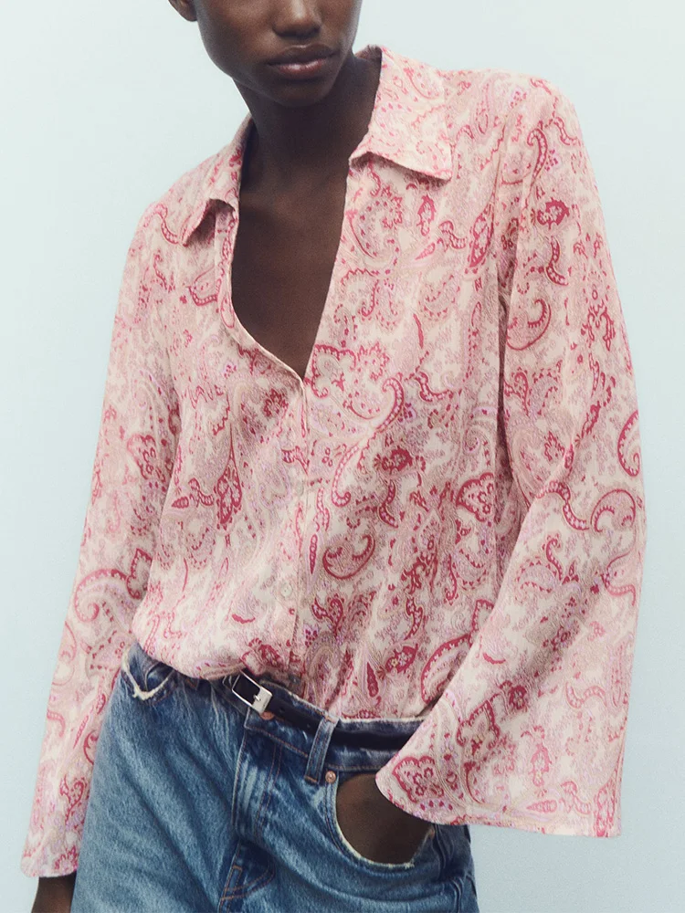 

Shirts For Women 2023 Fashion Vintage Paisley Print Shirt Collared V Neck Button Up Long Sleeve Lightweight Chiffon Shirt Top