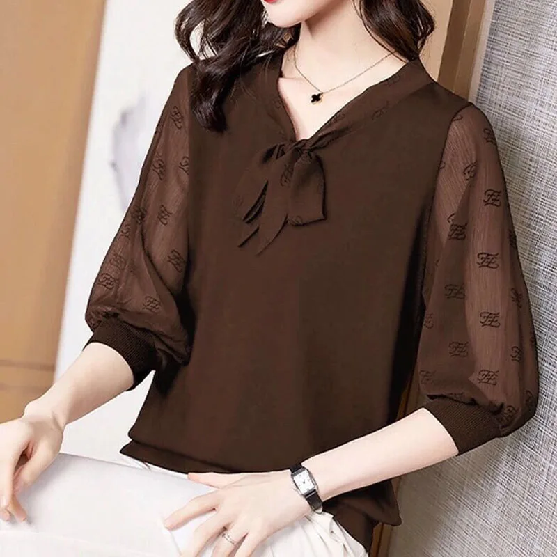 Lace-up Bow Pullover Chiffon Gauze Spliced Women Blouse Hollow Out Printing Thin Office Lady Spring Summer Plus Size Elegant