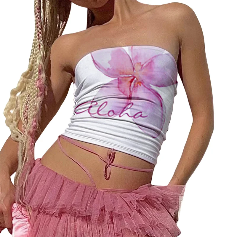 Top de tubo Y2K para mujer, con estampado floral estético, hombros descubiertos, sin tirantes, sin mangas, estilo bandeau, chaleco de los años 2000, ropa de calle para fiesta
