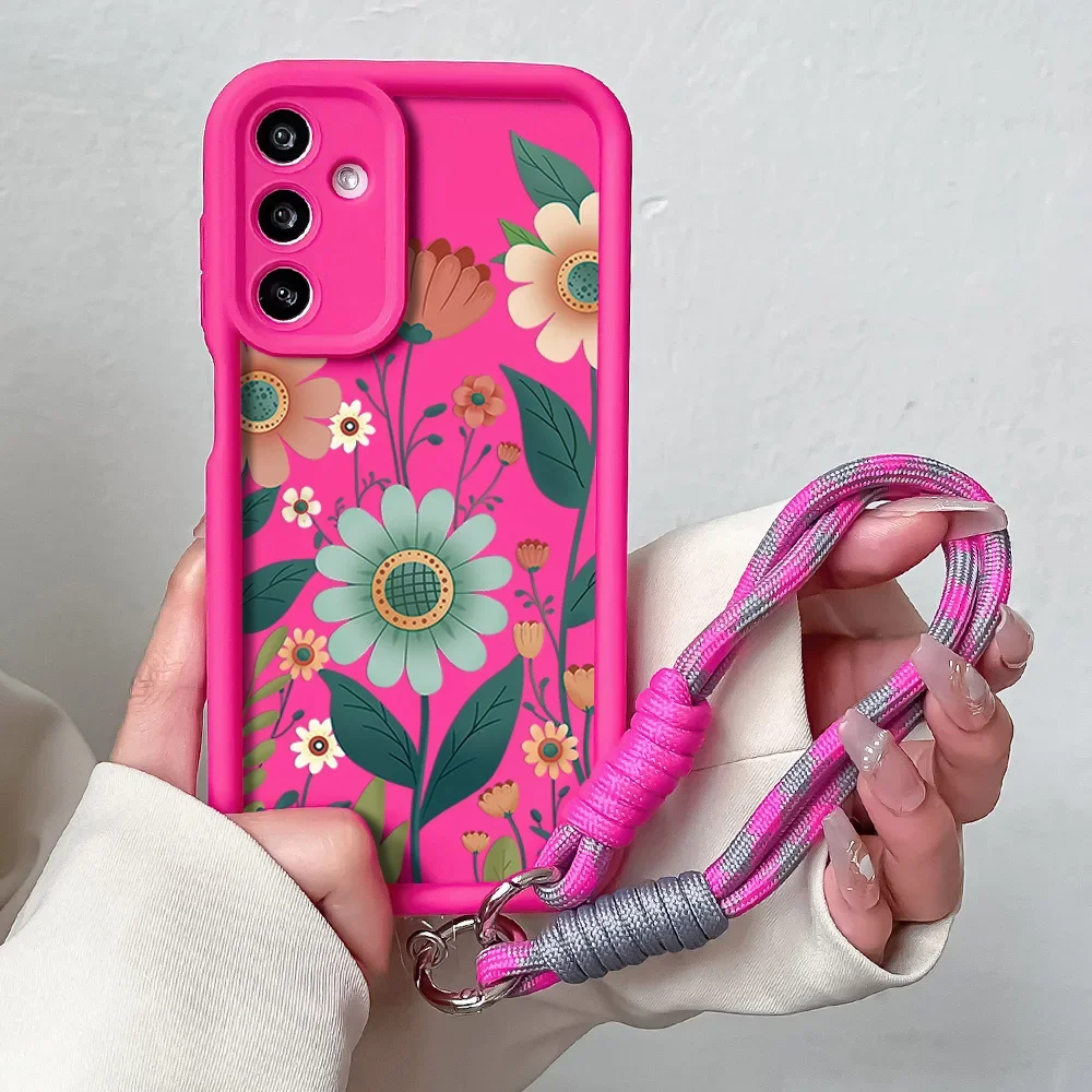 Charming Floral Phone Case with Wrist Chain and Lanyard, Soft TPU Cover