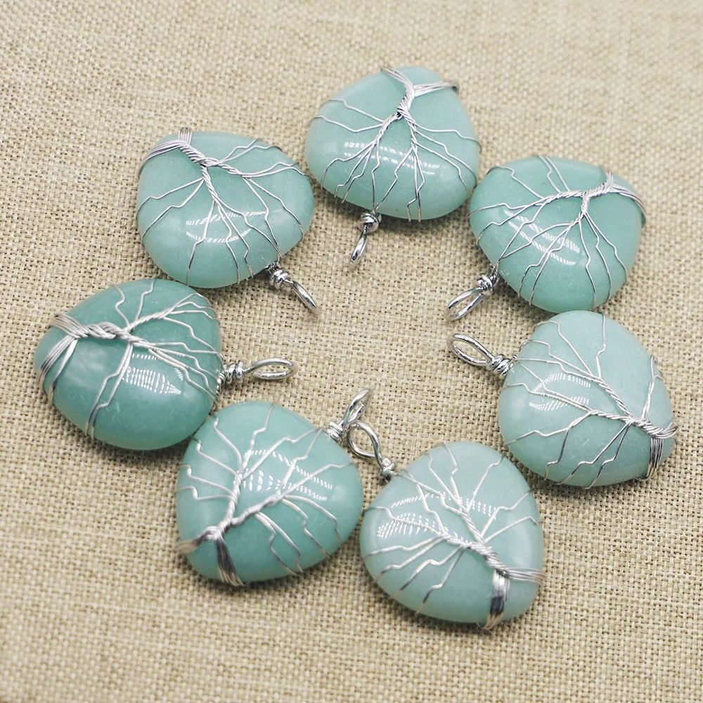 

Natural Stone Green Dongling Love Pendant Women's Life Tree Hand Wrapped Silver Wire Necklace Jewelry Accessories Wholesale 5Pcs