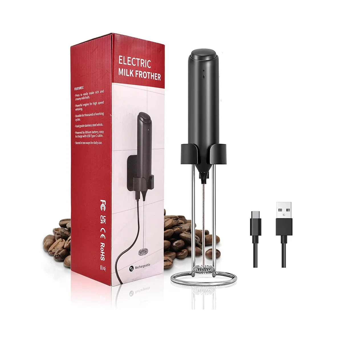 

Milk Frother Handheld, USB Rechargeable Wall-Mounted Stand, Mini Milk Foamer, Electric Whisk Drink Mixer Foam Maker
