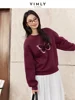 VIMLY Women Simple Sweatshirt With 3D Butterfly Embroidery 2025 Spring O-Neck Office Lady Pullover Loose New Year's Sweatshirt 1