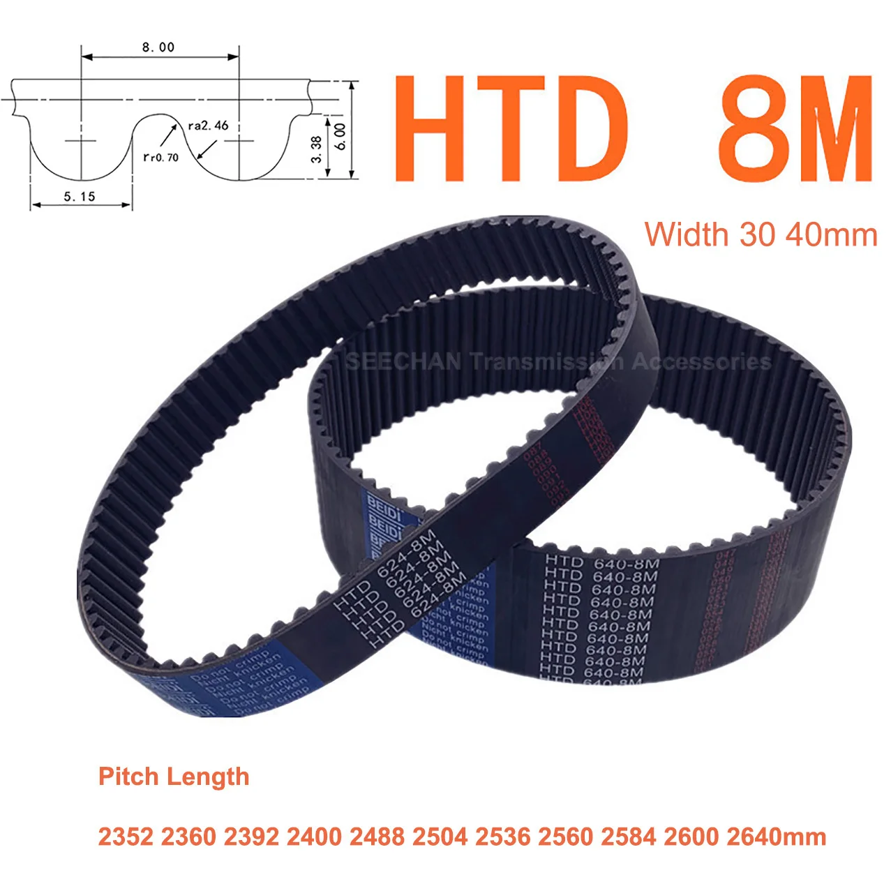 

HTD 8M Rubber Closed Synchronous Timing Belt Width 30 40mm Perimeter 2352 2360 2392 2400 2488 2504 2536 2560 2584 2600 2640mm