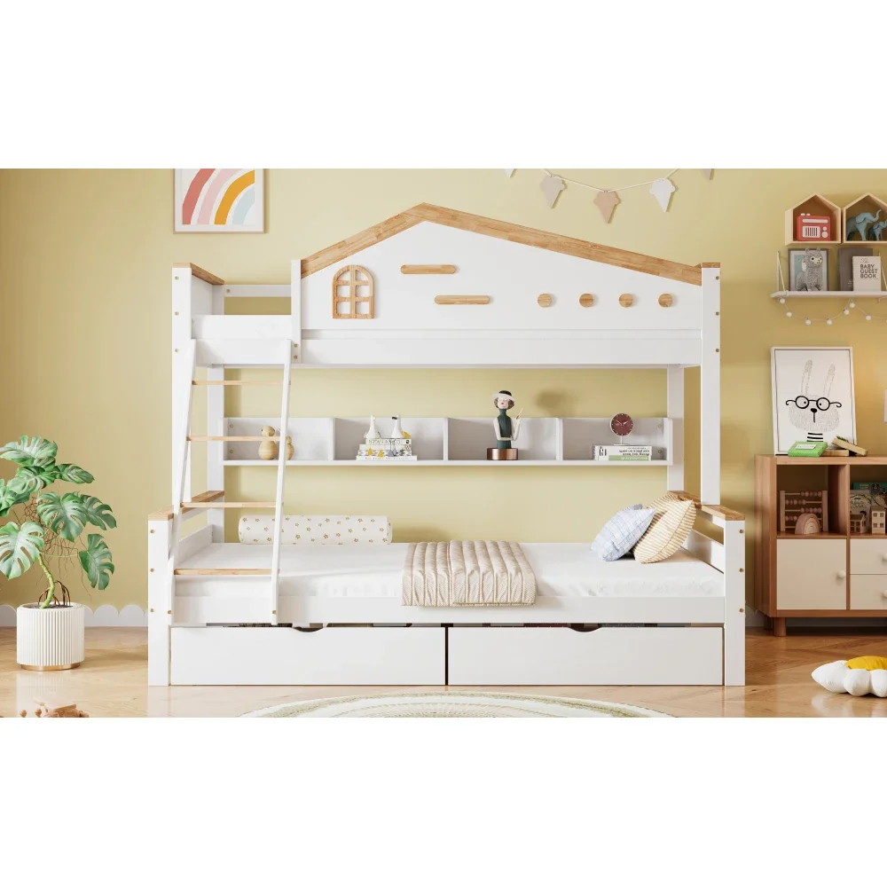 90 x 200 cm und 140 x 200 cm großes Kinder-Etagenbett, mit farbigem Fallschirmgitter, zwei Schubladen, modernes Bett mit Fenster und vierstufiger Leiter – Detail 11