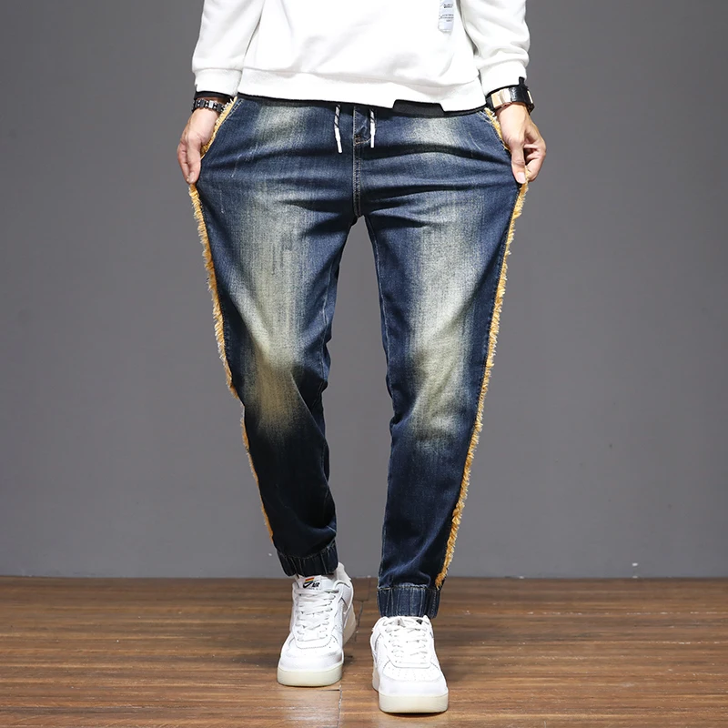 Jeans Men Stretch Joggers Fashion Striped Harem Pants Denim Version Of Sweatpants Elastic Drawstring Waist Patch Pockets Design | Мужская