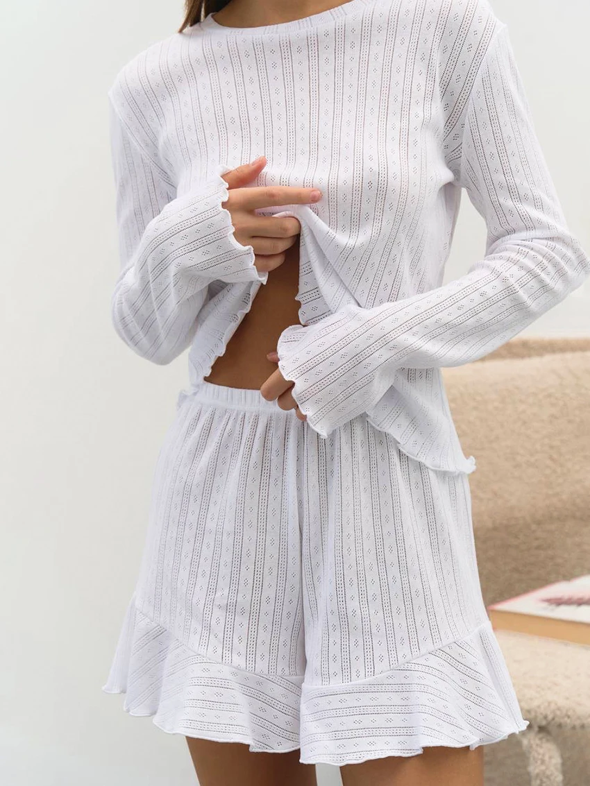 Marthaqiqi Home Clothes For Women O-Neck Sleepwear Long Sleeve Nightgowns High Waist Shorts Casual Ladies Pajamas 2 Piece Suit