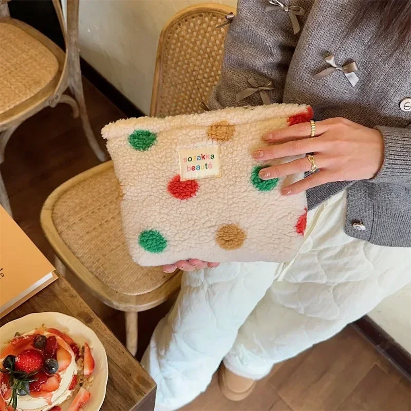 New Colorful Striped Dot Plush Clutch Cosmetic Bag Large Capacity Makeup Pouch Toiletries Bag Travel Outdoor Makeup Storage 3