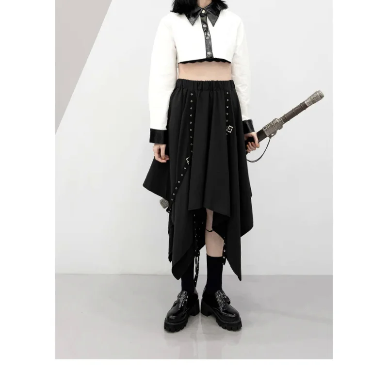 

Irregular Skirt Girl's New Dark Tie Street Punk Wind Weave Buckle Medium-length Y2k Gothic Long Skirt