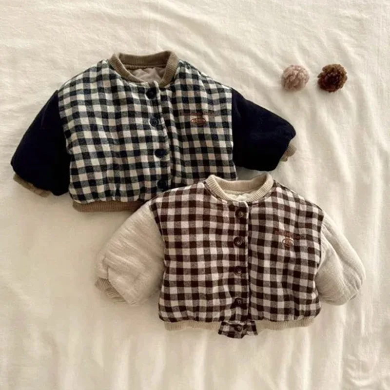 Winter New Baby Long Sleeve Warm Coat Plus Velvet Thick Infant Girls Fleece Plaid Coat Boys Padded Jacket Toddler Clothes
