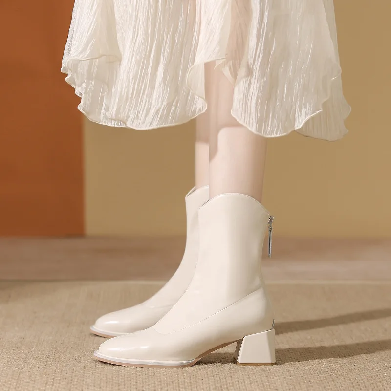 Chelsea Ankle Boots Women's Boots 2023 Spring and Autumn High Heels White Boots Thick Heel Square Head High Heel Women's Boots