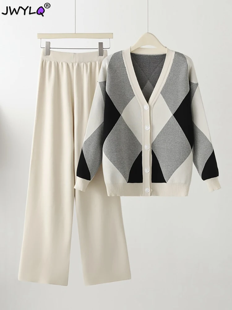 

Женский трикотажный костюм с ромбовидной решеткой, свитер с длинным рукавом и V-образным вырезом, спортивный костюм из двух предметов, кардиган и однотонные широкие брюки, 2024
