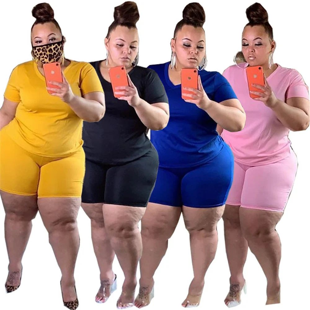 Wmstar Plus Size Women's Clothing Summer Solid Casual Super Stretch Two Piece Sports Suit New Style Wholesale Dropshipping