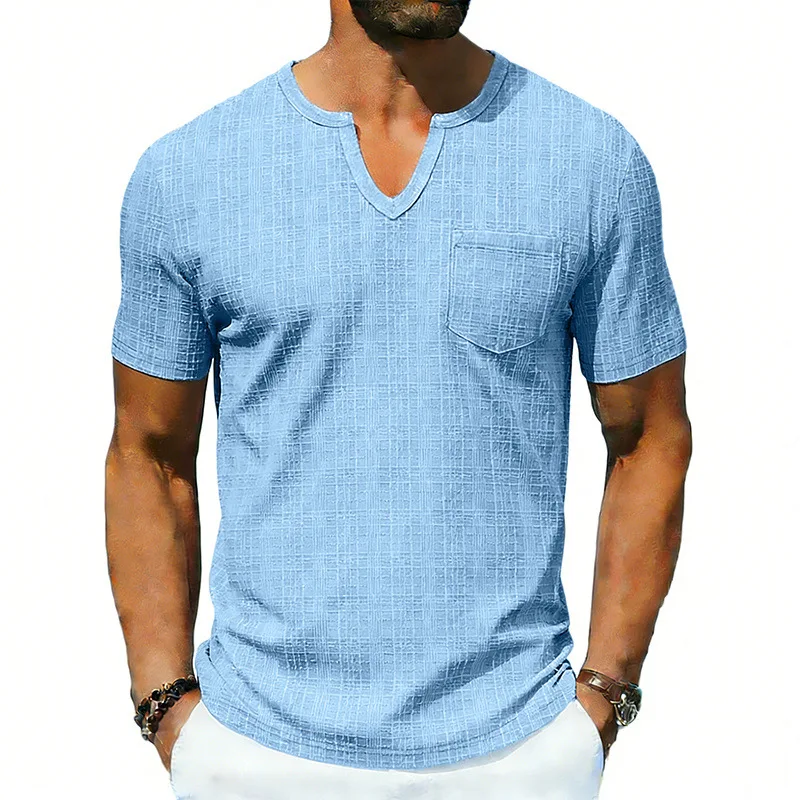 Grenzüberschreitendes, lockeres, atmungsaktives Herren-Sommer-T-Shirt aus Bambus, lässiges Hawaii-Strand-T-Shirt mit V-Ausschnitt und kurzen Ärmeln