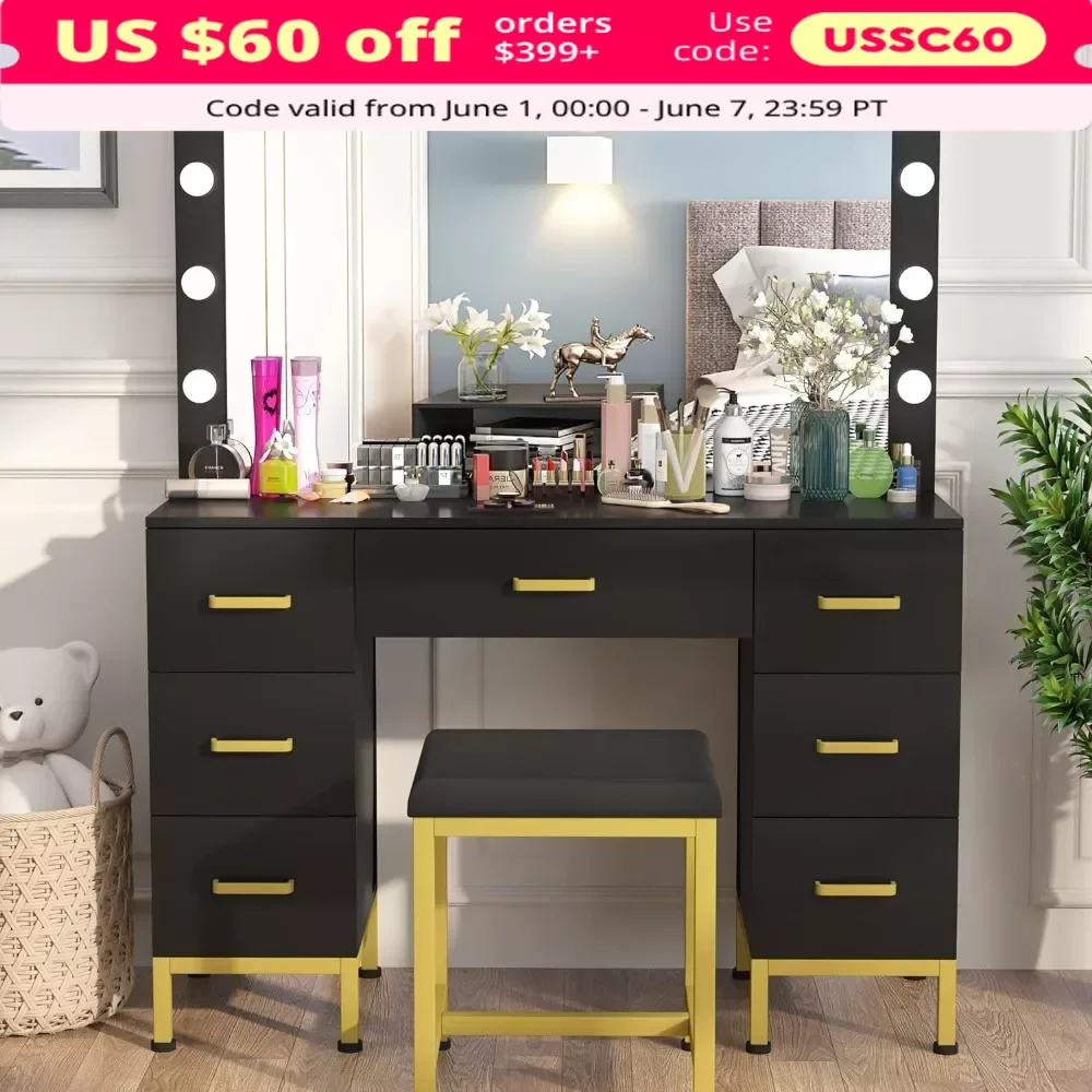 

Dressers, 44'' Dresser W/Mirror & Lights, 7 Drawers, Upholstered Stool, Bedroom Use, Black Dressers