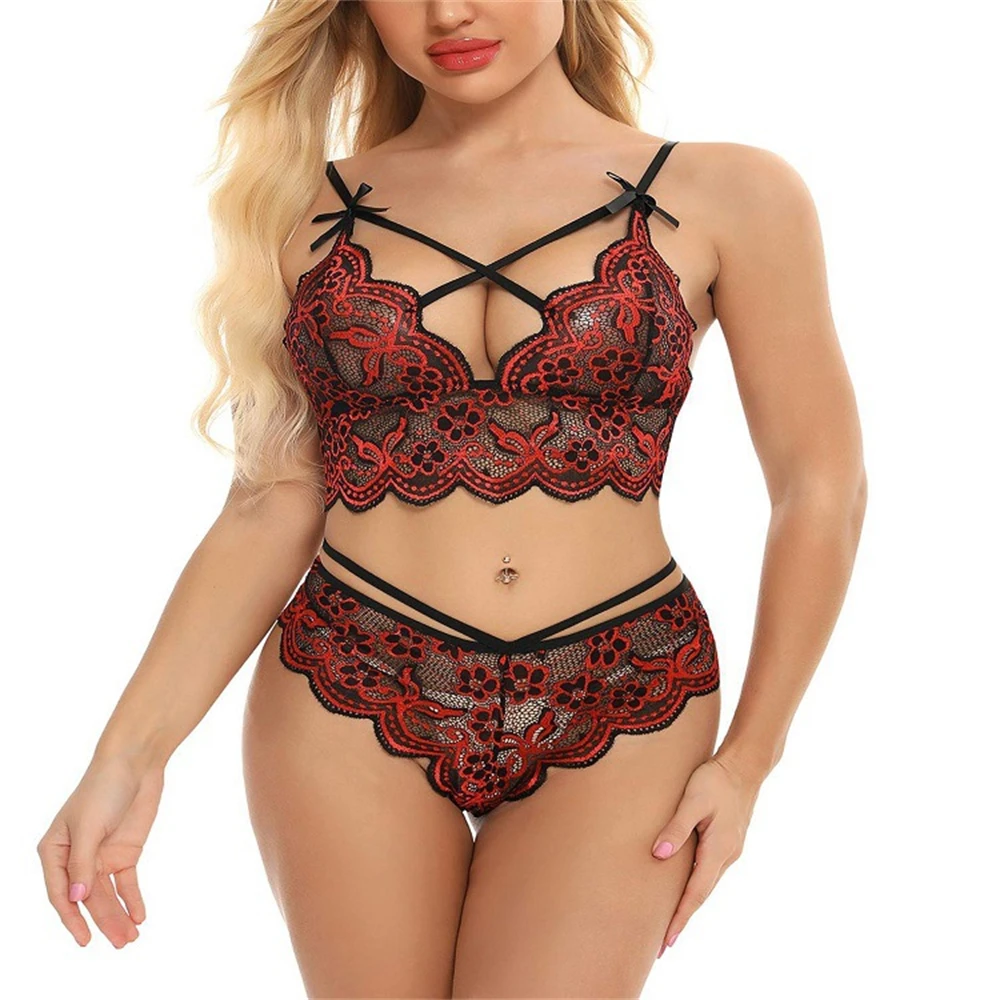 red underwear set Lenceria Babydoll Lingerie Sexy Women Underwear Set Transparent Flower Printed Lace Bra Panties Suit female Party Sets panty sets