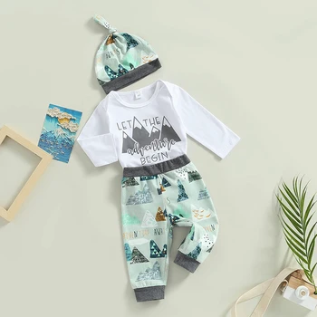 Infant Boys Autumn Clothing Set with Letter Mountains Print Romper Crew Neck Long Sleeve Top Elastic Waist Pants and Hat - 3 1