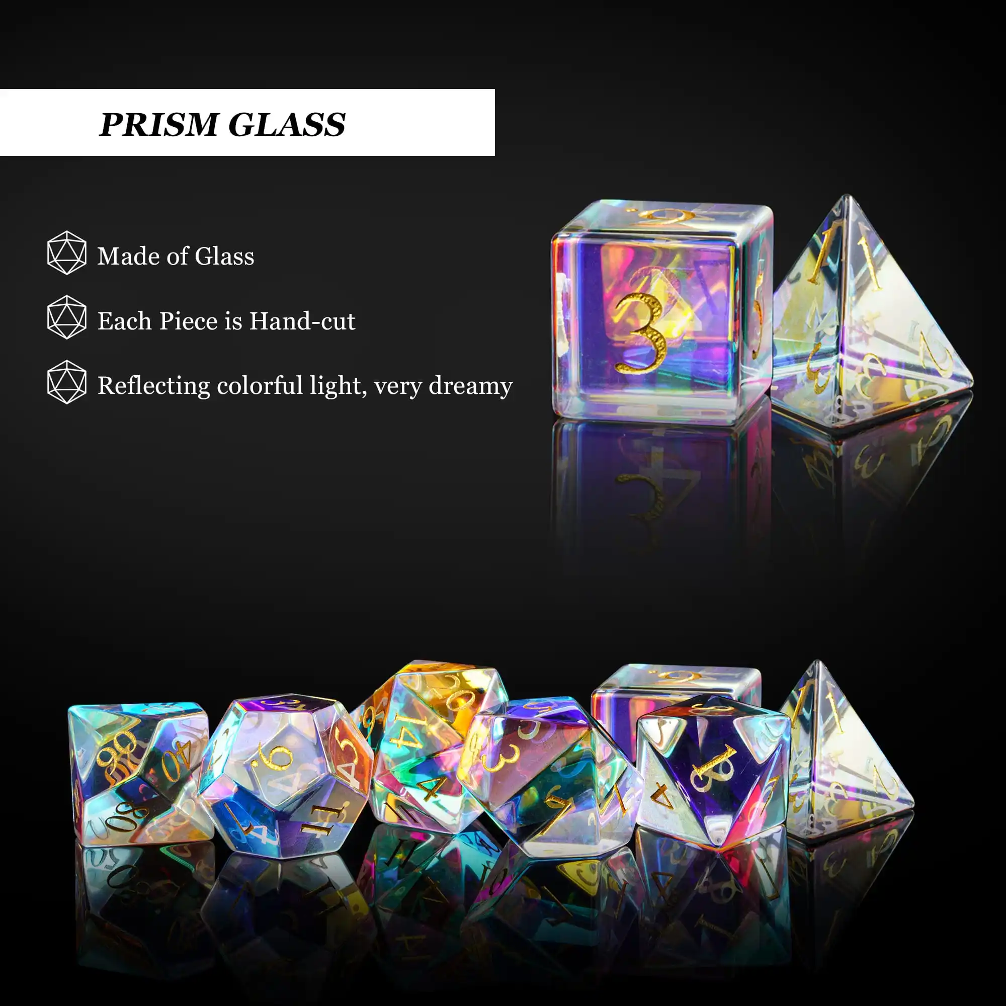 Set of 7 Handmade Glass Dice 16mm Polyhedral Dice Set with Leather Box Gemstone Dices for Collection