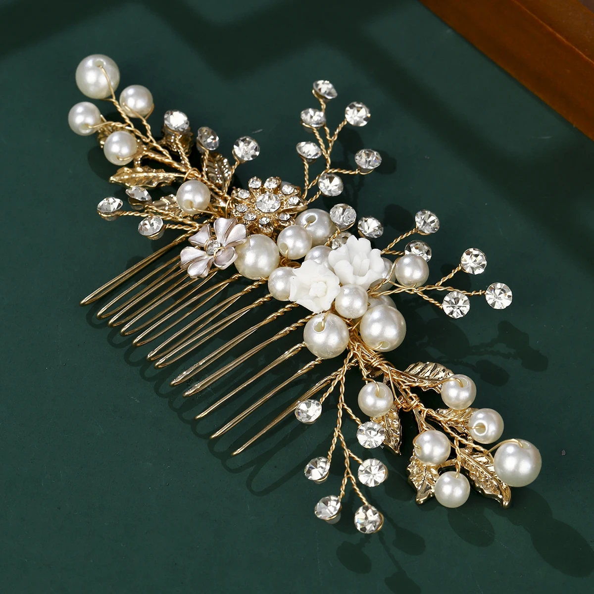 Goldene Mode handgemachte Kristall Perle Blume Haar Kamm Luxus Metall Seite Haar Clips Braut Platte Haar Kopfschmuck Schmuck – Detail 16