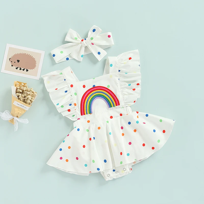 FOCUSNORM 0-24M 2pcs Baby Girls Summer Romper Dress Cute Rainbow Dots Printed Ruffle Short Sleeve Backless JUmpsuits Clothing |