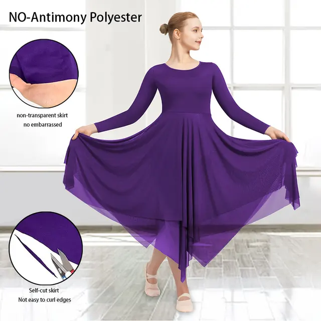 Women's Praise Dance Dress – Hand-Dyed Watercolor, Purple-Blue, Loose Fit, Long Sleeve, Polyester