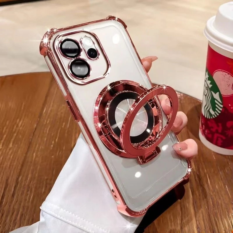 Electroplated Bracket Shockproof Phone Case - Stand & Transparent Silicone TPU Cover