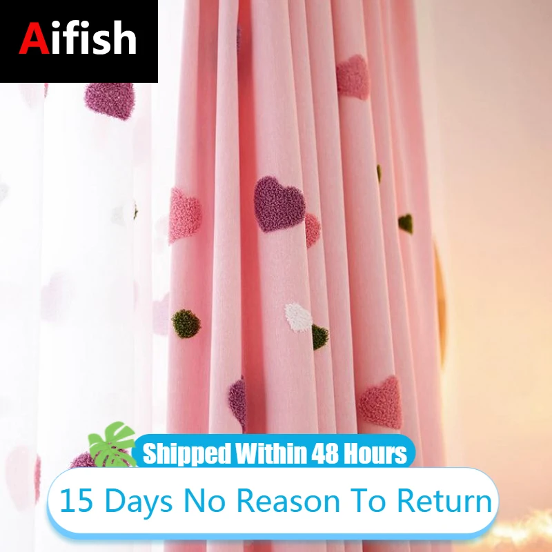 Heart Shape Embroidered Semi Blackout Pink Curtains For Kids Girls
