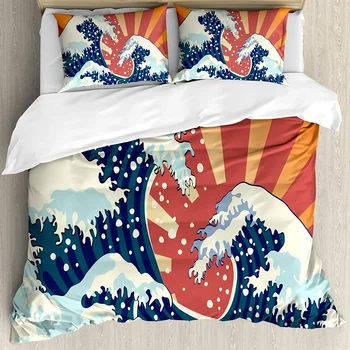 Japanese Wave Bedding Set Comforter Duvet Cover Pillow Shams Japanese Painting Style Summer Seasona Bedding Cover Double Bed Set