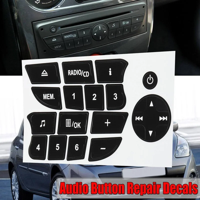 Car Button Repair Stickers For Twingo Renault Clio Megane 2009-2011 CD Radio Audio Button Repair Decals Black