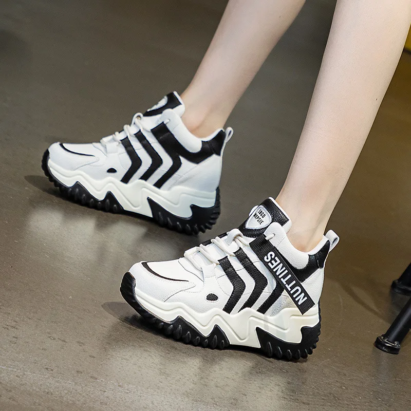 

New Spring and Autumn Genuine Leather Women's Thick Sole Vulcanized Shoes Women's High Top Breathable and Comfortable Shoes