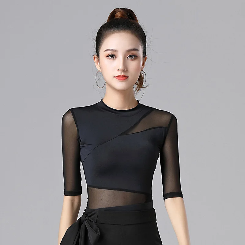 

New Women Mesh Tops Latin Dance Practice Clothes Ballroom Dance Professional Modern Dance National Standard Dance Training Shirt