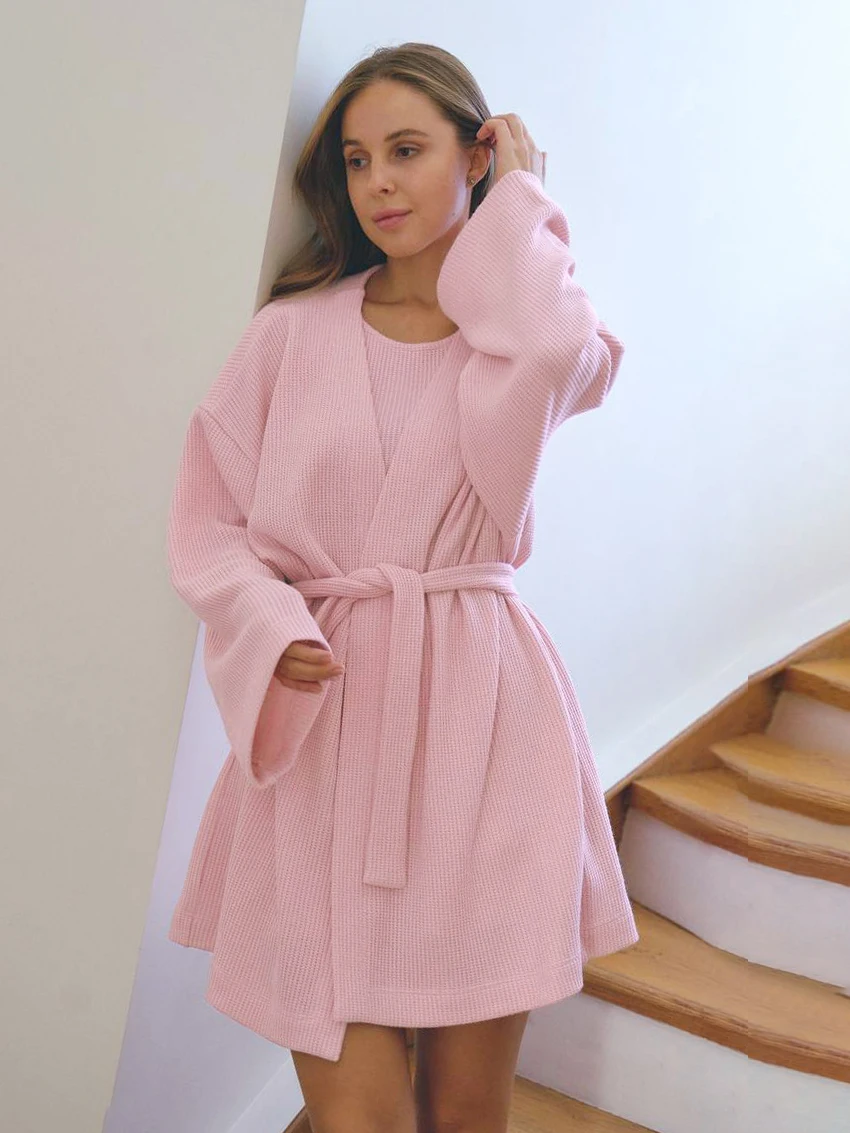 Marthaqiqi Home Clothes For Women Sexy V-Neck Sleepwear Long Sleeve Bathrobe Lace Up Robe Mini Dress Winter Casual Ladies Female