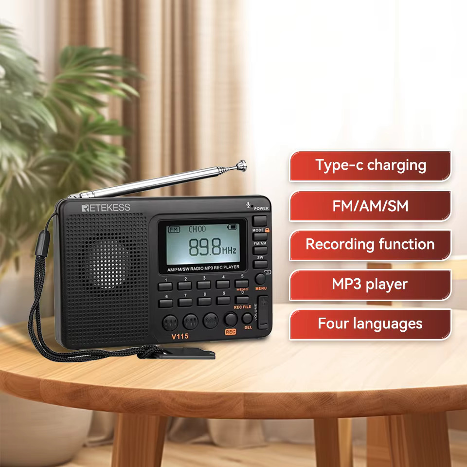 RETEKESS V115 Radio FM AM SW Portable Radios Rechargeable  Radio Batteries multiple bands  USB Recorder Speaker for Elders TX32
