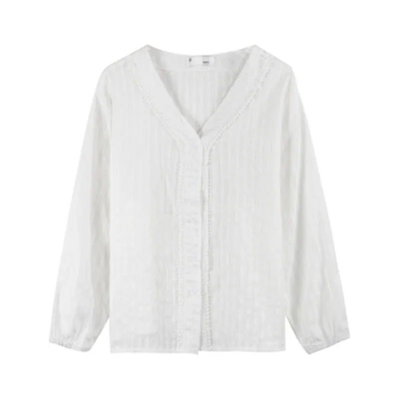 Women's Long Sleeve Lace Blouse V-neck Buttons White Shirt Elegant Loose Tops Ladies Casual Clothes Spring Autumn 8208