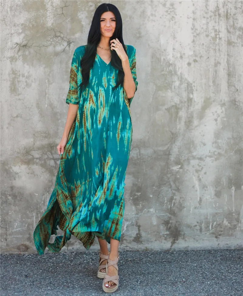 Fashion Casual Striped Print Long Dresses Women Bohemian V-neck Bat Sleeve Loose Slit Beach Dress Summer New Beachwear Vestidos 147 Fashion Casual Striped Print Long Dresses Women Bohemian V-neck Bat Sleeve Loose Slit Beach Dress Summer New Beachwear Vestidos