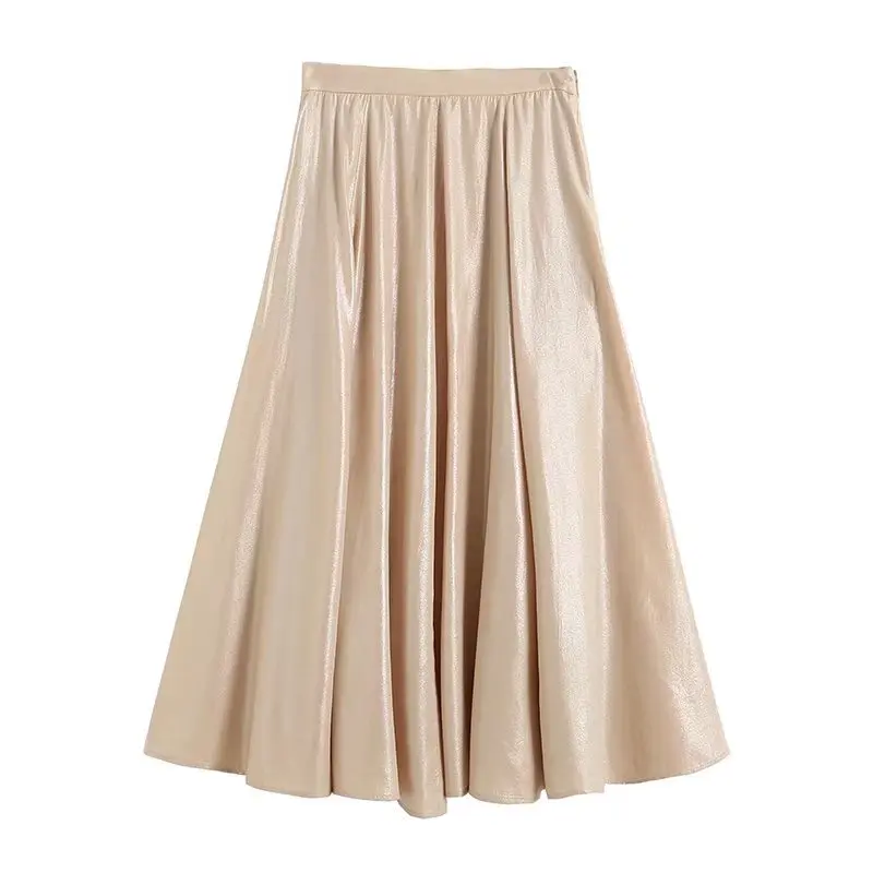 

Women 2023 New Fashion Summer Bright Simple Elegant Long Skirt Retro High Waist Zipper All-match Leisure Chic Female Skirts