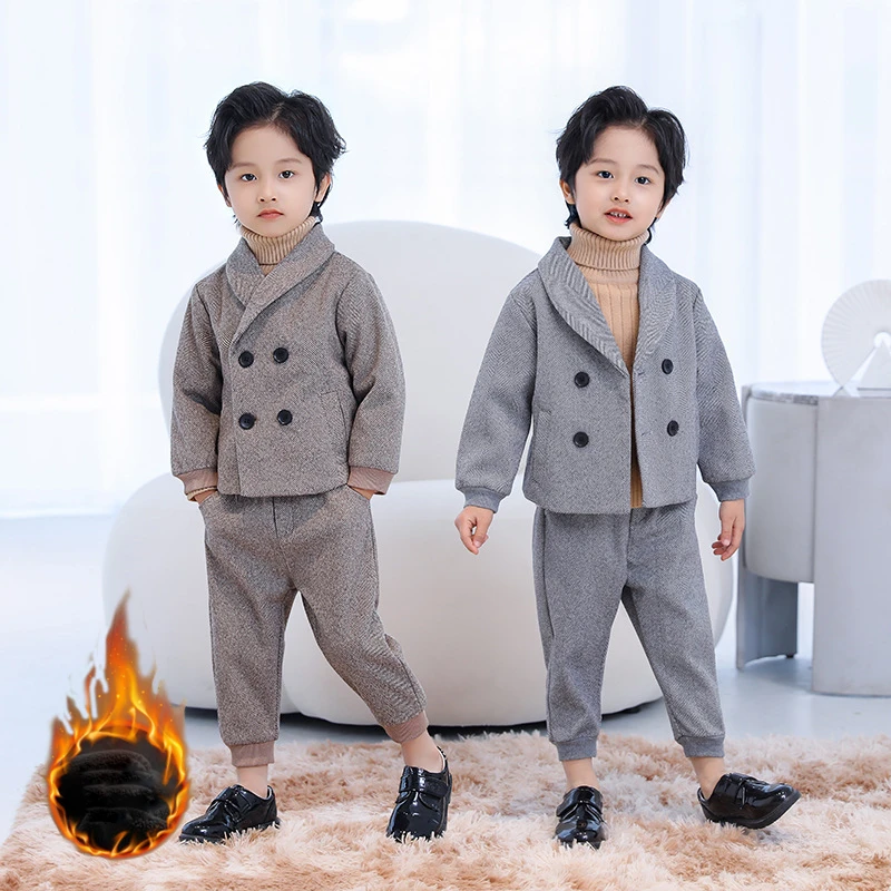 

Winter Kids Suits Thicken School Uniform for Boys Gray Casual Flower Child Wedding Costume Double-breasted Toddler Blazers Set