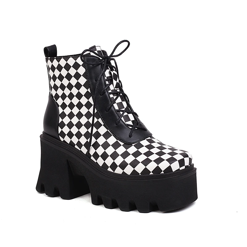 Mollyshoe Checkerboard Pattern Lace Up Chunky Sole Boots