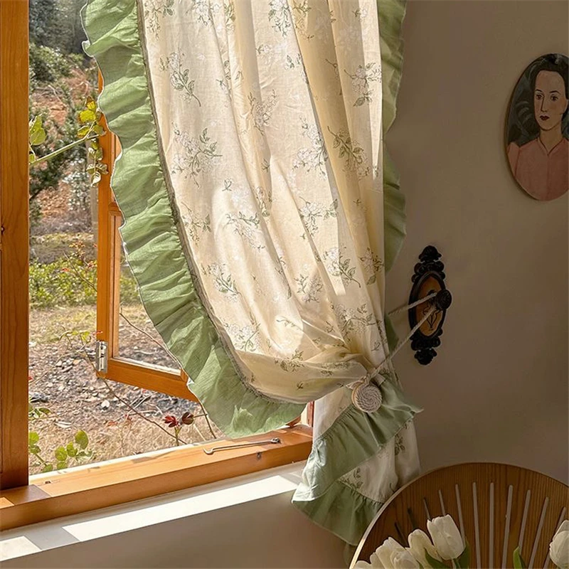 Idyllic French Retro Flowers Door Curtains Cloth for Living Room Green Warp Ruffled Cotton and Linen Curtains for Kitchen #A401 3