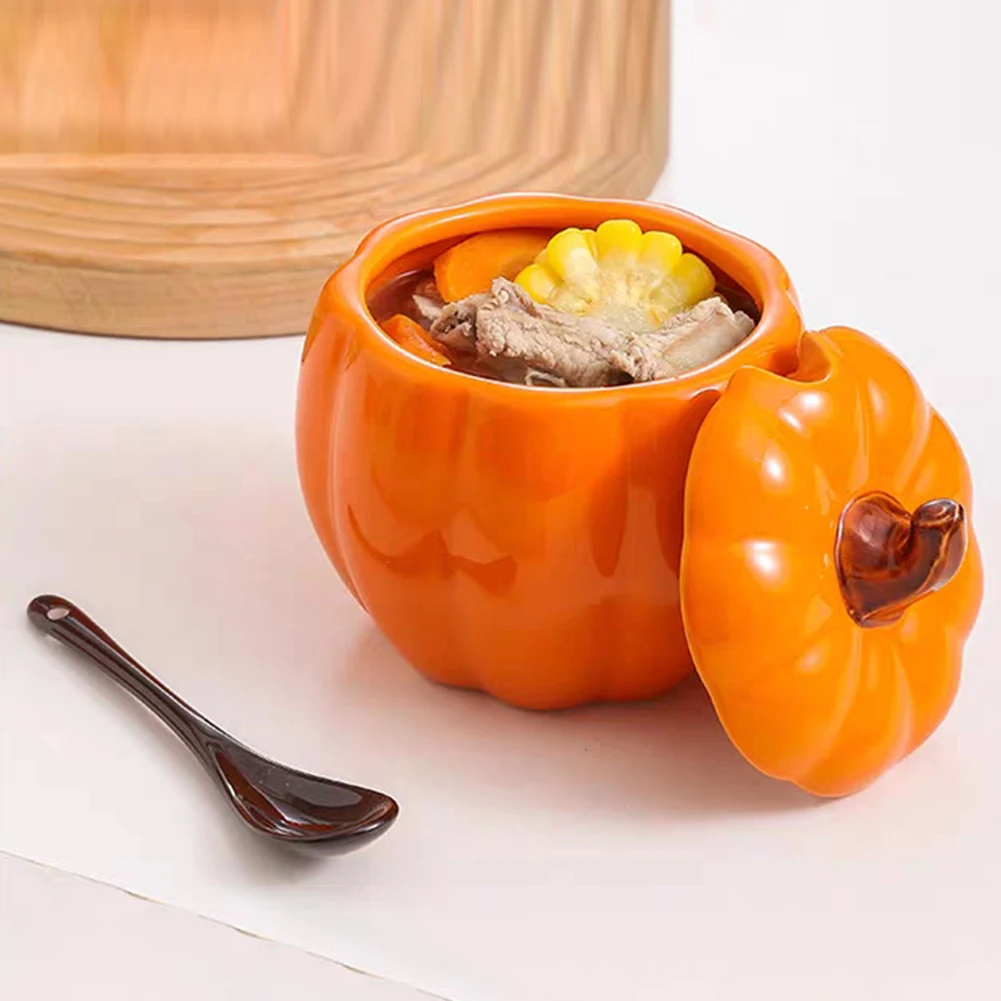 400mI Ceramic Soup Bowl with lid Creative Pumpkin shape Soup Bowl Household Large Soup Noodle Bowl Halloween Decoration